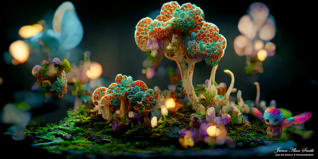 lush fractal forest with fractal flowers and a fractal pixie: Artwork by James Alan Smith
